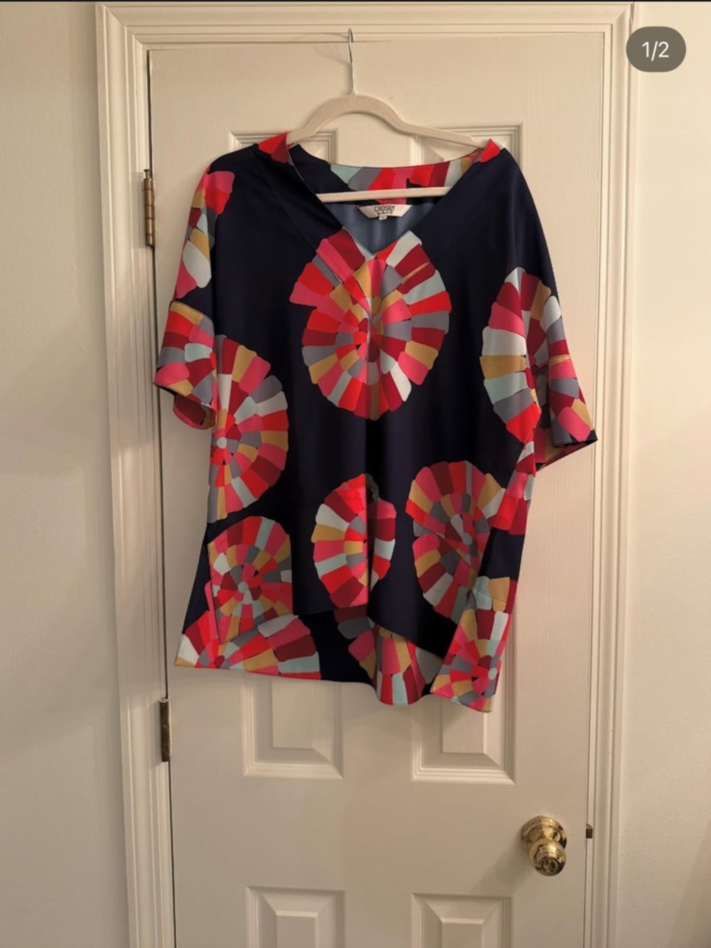CROSBY by Mollie Burch Navy Top with Multicolor Fan Print